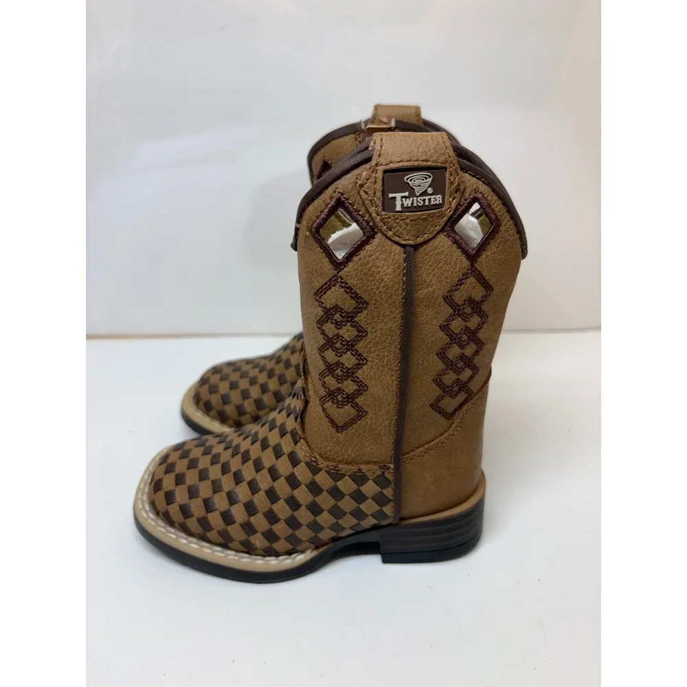 Twister Toddler Brown Woven Checkerboard Square Toe Cowboy Boots 443000292-05 5